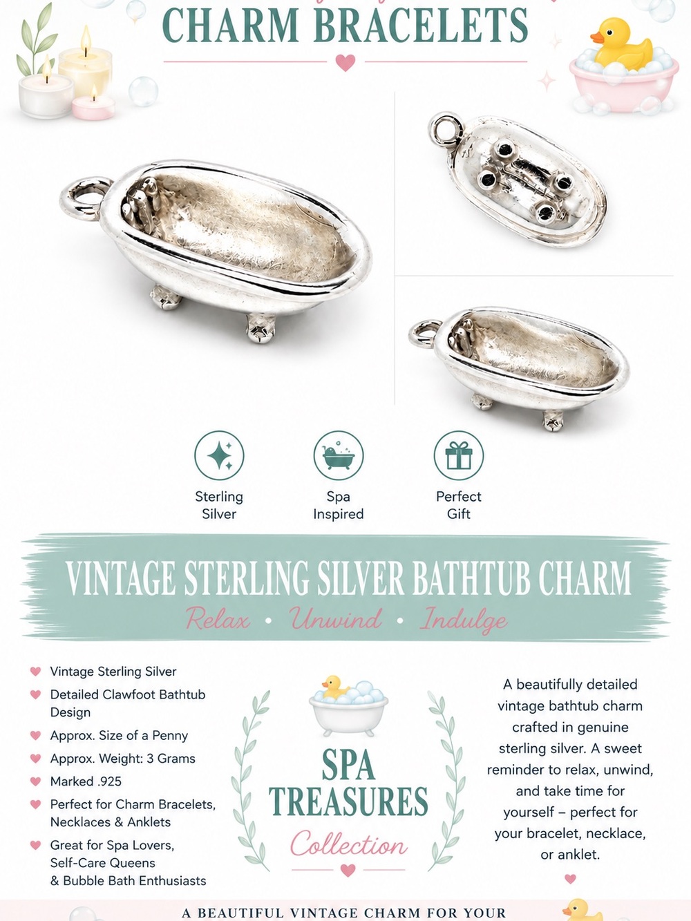 Vintage Sterling Silver Bathtub Charm Pendant -